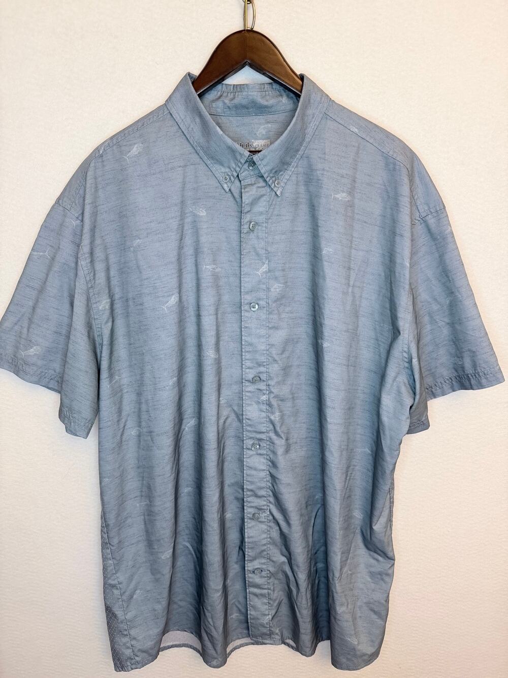 HUK Mens XXL Performance Fishing Shirt Marlin Print Short Sleeve Button Down